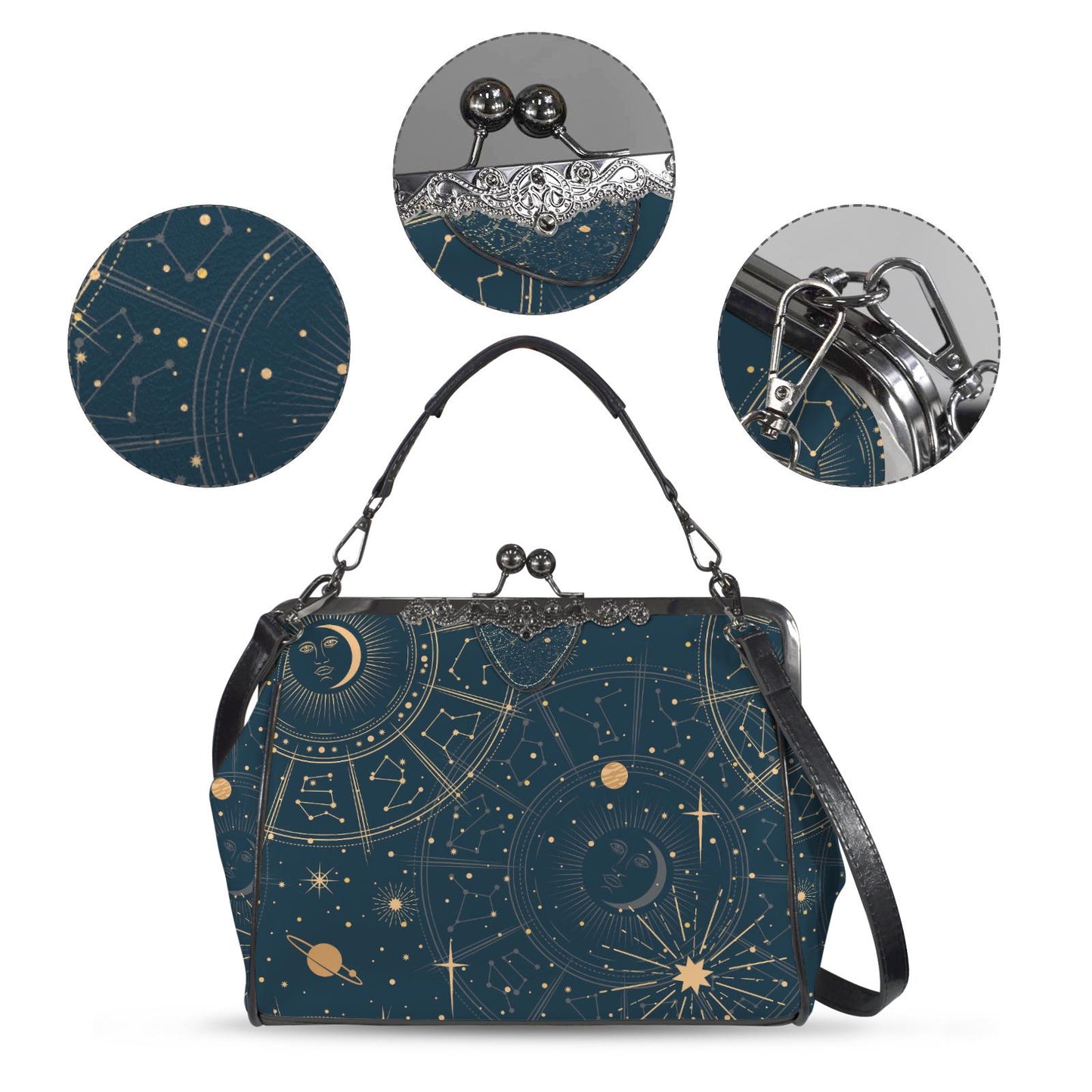 Moon Stars Witchy Astrology Kisslock Crossbody Handbag