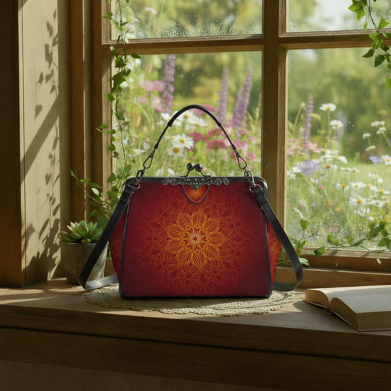 Black Red Orange Mandala Kisslock Handbag –  Meditation Asian Style Crossbody Bag