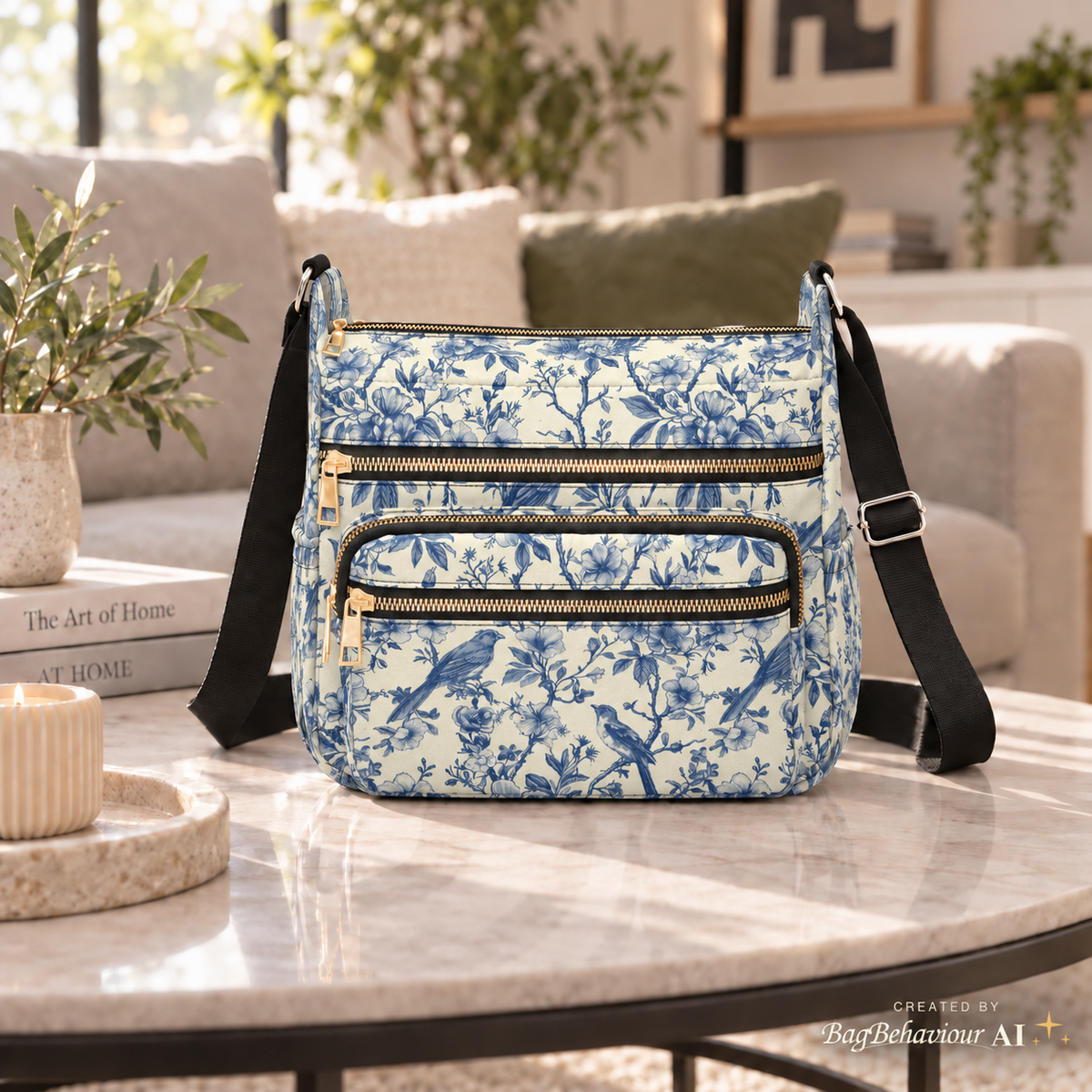 Blue White Toile de Jouy Multi-Pocket Canvas Crossbody Shoulder Bag