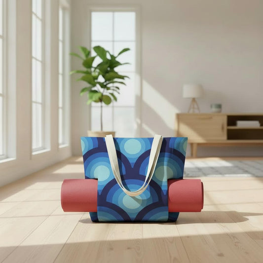 Blue Retro 70s Yoga Mat Tote with Mat Holder – Cotton Linen Gym & Pilates Bag