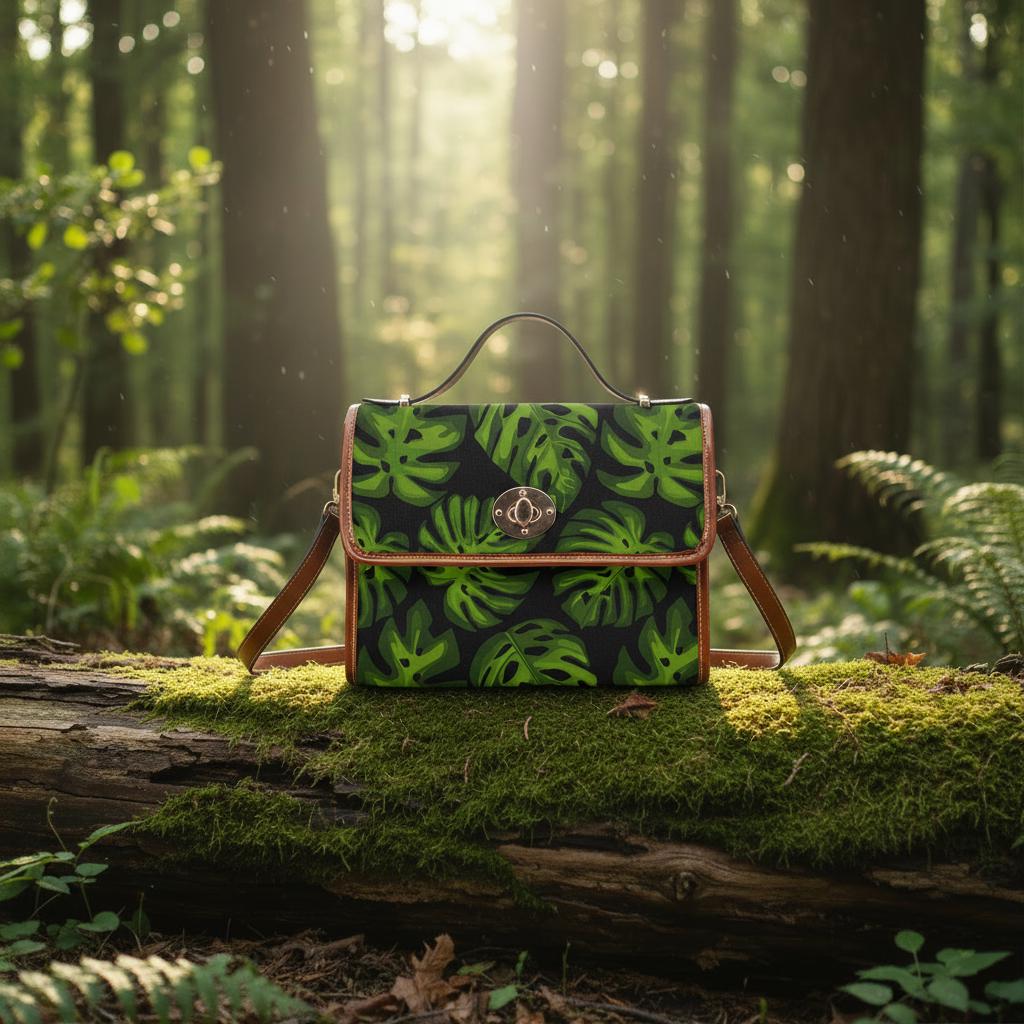 Retro Monstera Botanical Canvas Crossbody Bag – Black Green Vintage Style