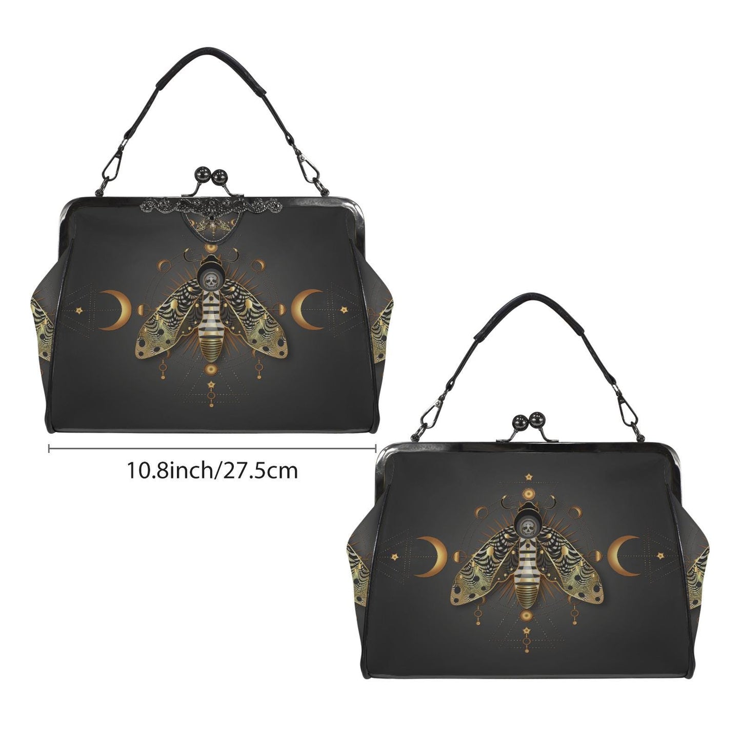 Dark Academia Moth Skull Moon Kisslock Crossbody Bag – Gothic Handbag Adjustable Strap
