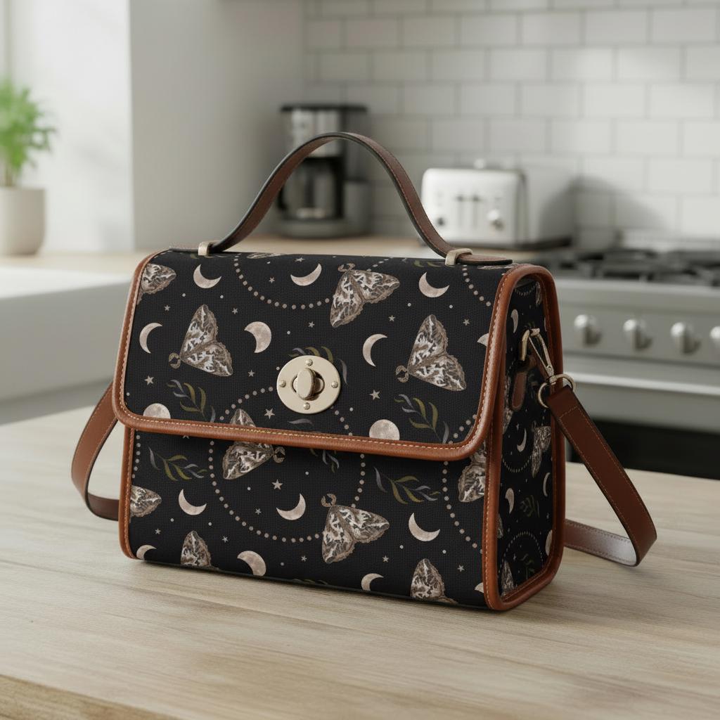 Dark Academia Moths & Moon Stars Canvas Crossbody Bag – Gothic Vintage Handbag