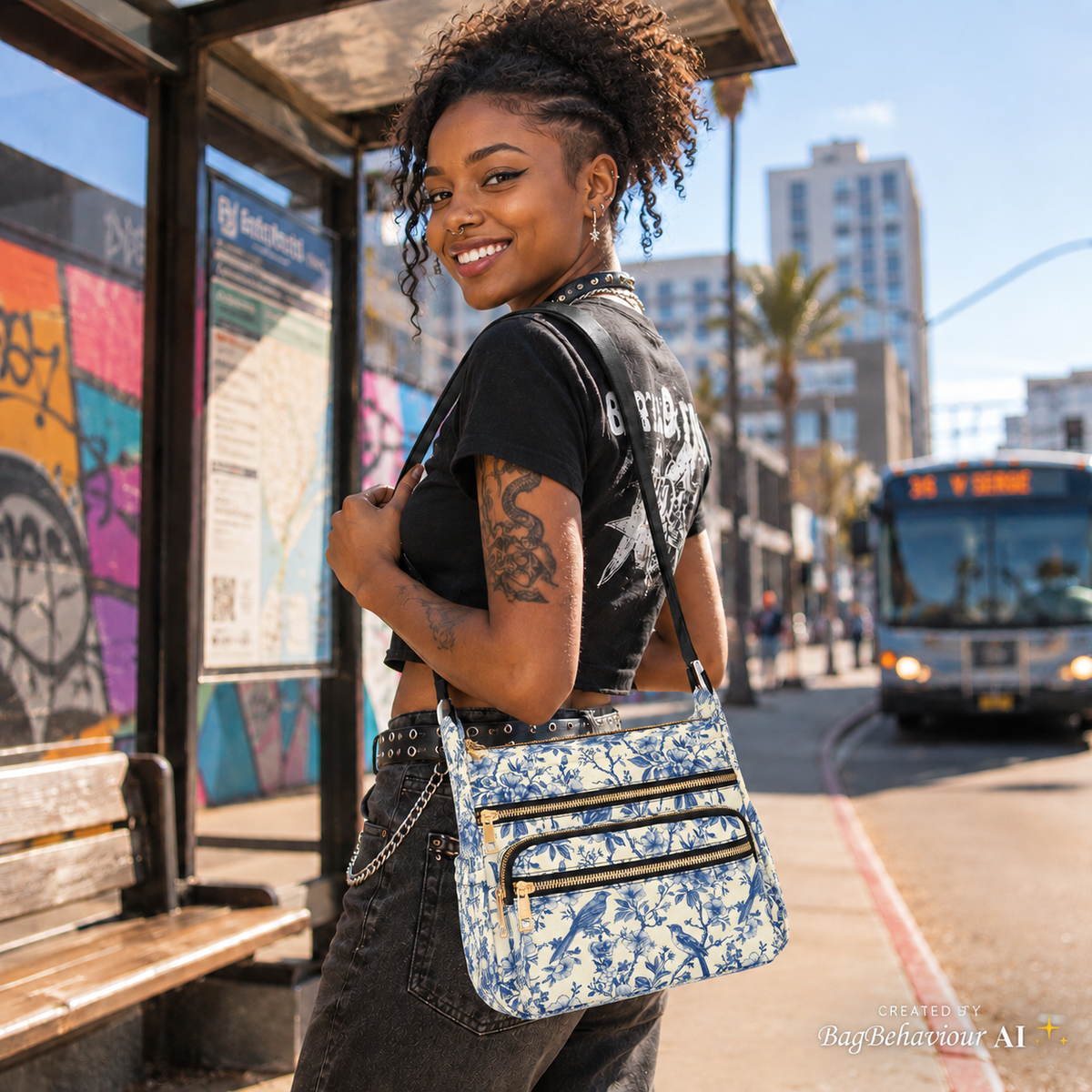 Blue White Toile de Jouy Multi-Pocket Canvas Crossbody Shoulder Bag