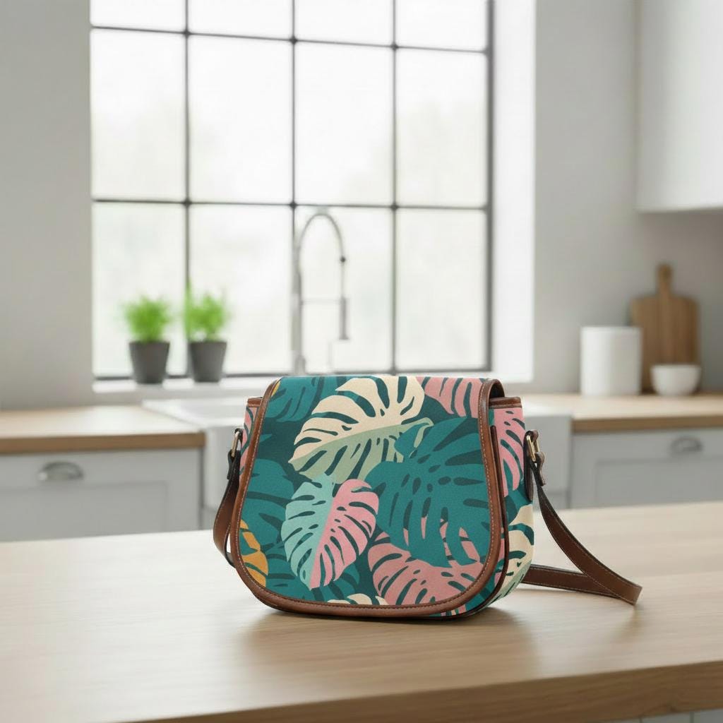 Retro 60s Monstera Pattern Saddle Bag - Midcentury Botanical Crossbody Handbag