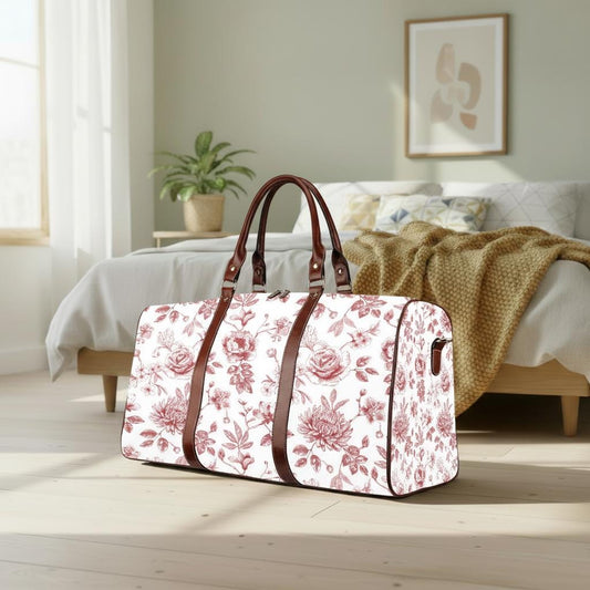 Toile de Jouy Red White Floral Travel Bag – French Vintage Weekender Duffle
