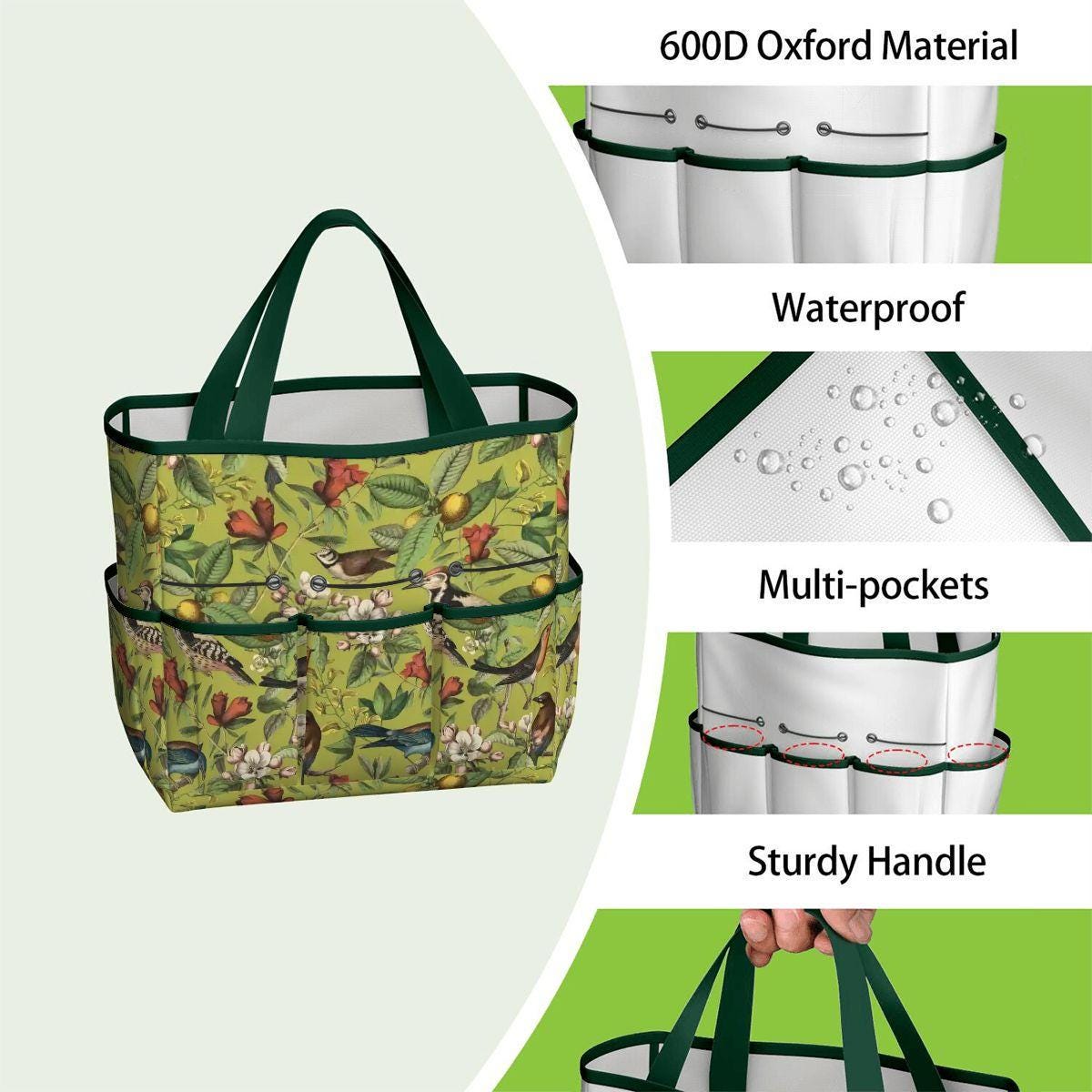 Green Vintage Bird Garden Tote – Gardening Tool Organizer Bag With Pockets