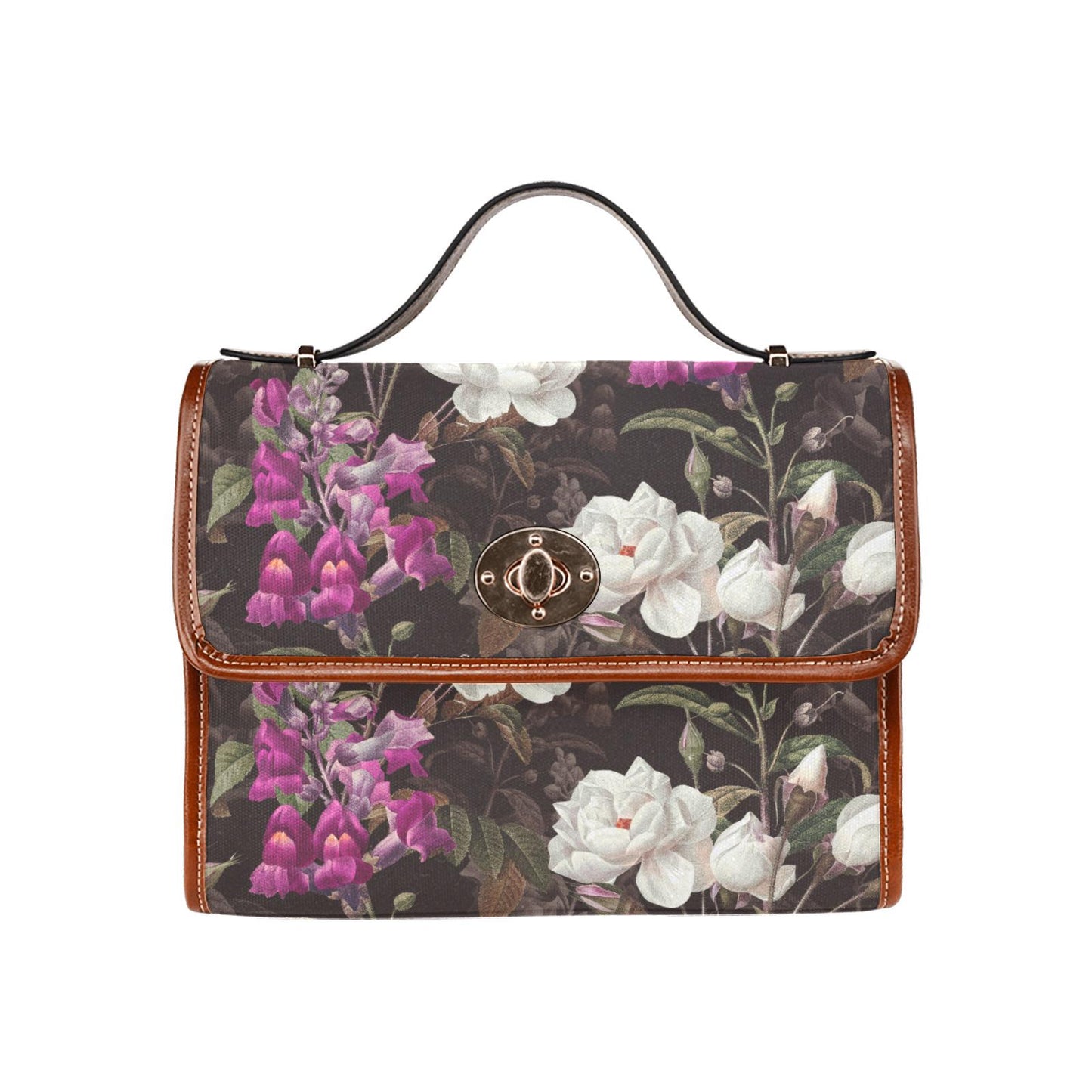 Dark Academia Wildflowers Canvas Crossbody Bag – Black Purple Botanical Vintage Bag