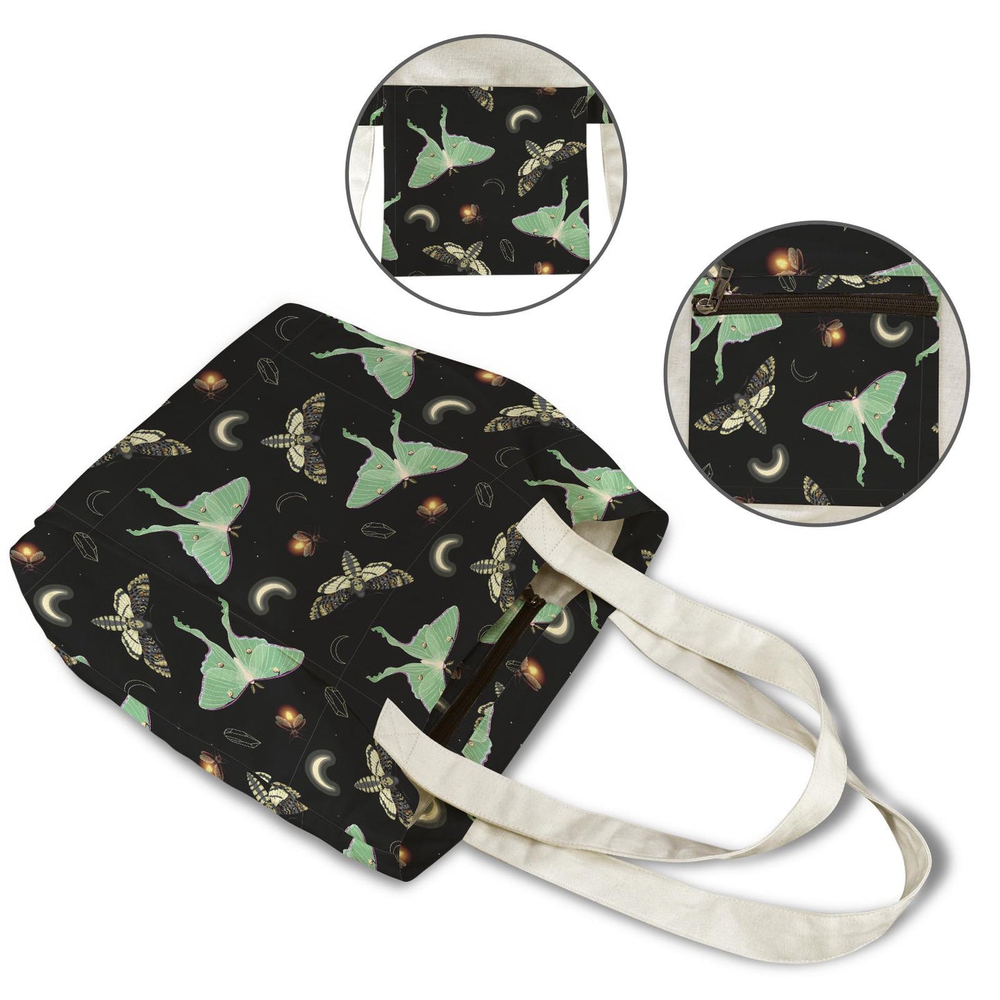 Dark Academia Moths & Moon Yoga Tote Bag – Large Cotton Linen Tote with Mat Holder