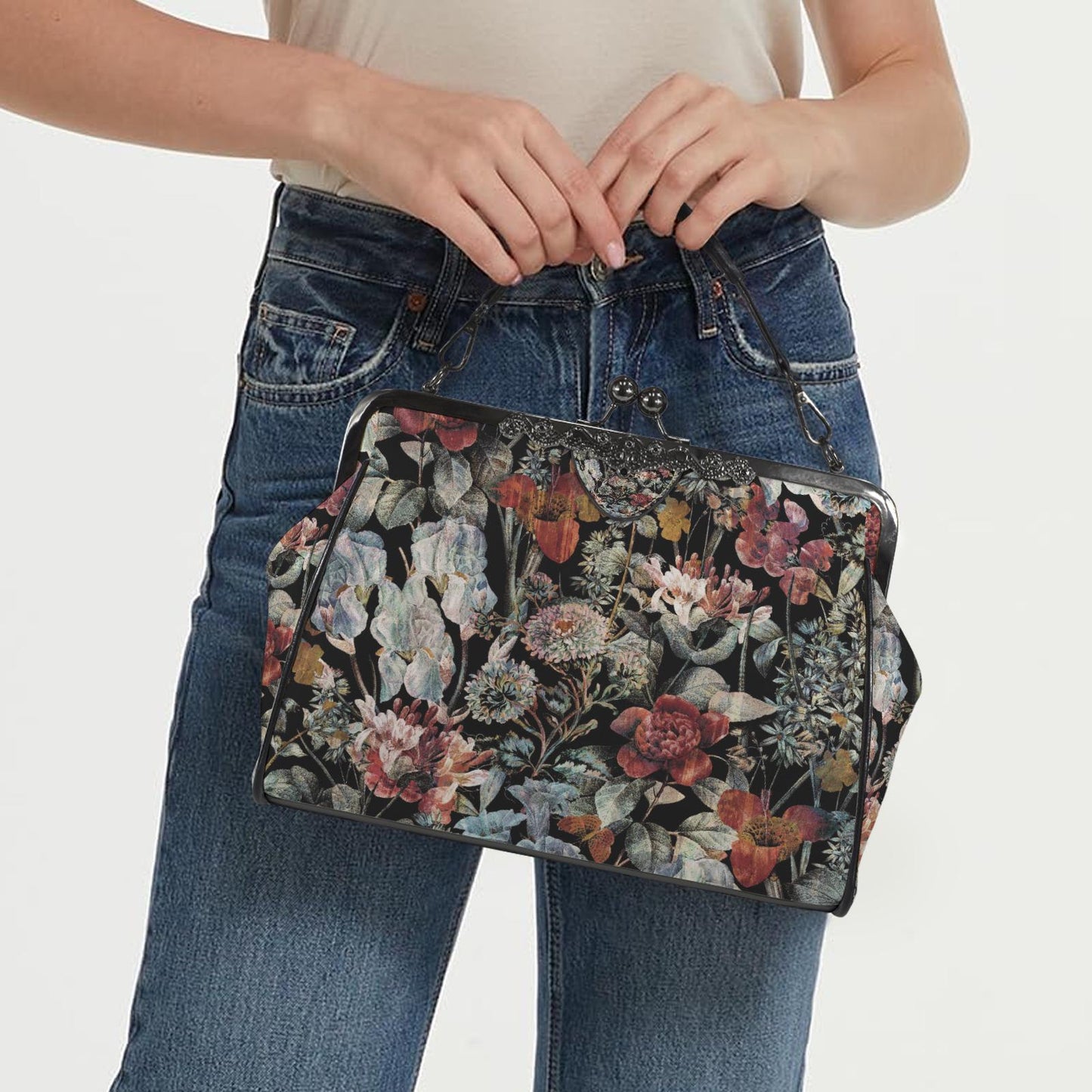 Dark Academia Moody Floral Vintage Kisslock Bag - Victorian Gothic Crossbody