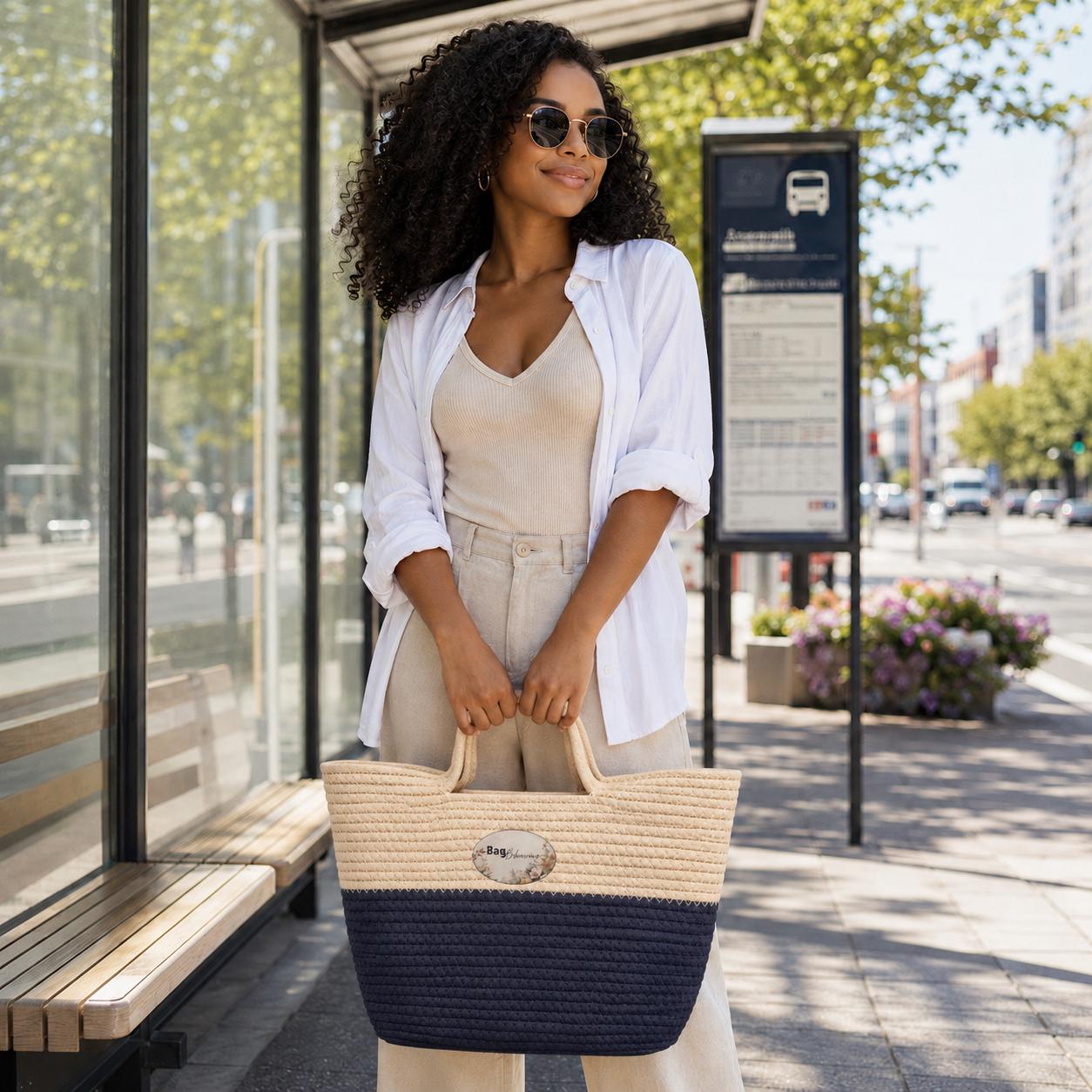 Handwoven Classic Straw Tote Bag –  Summer Beach Coastal Shoulder Handbag
