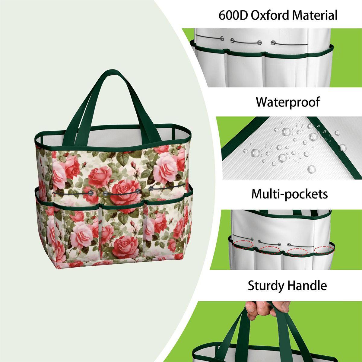 English Roses Garden Tote – Pink Green Gardening Tool Organizer Bag With Pockets