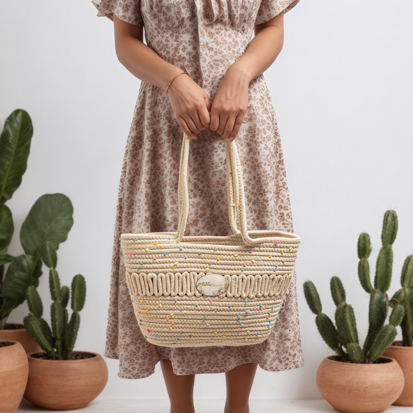 Straw Rope Tote Bag – Cream Woven Shoulder Bag for Beach Market School