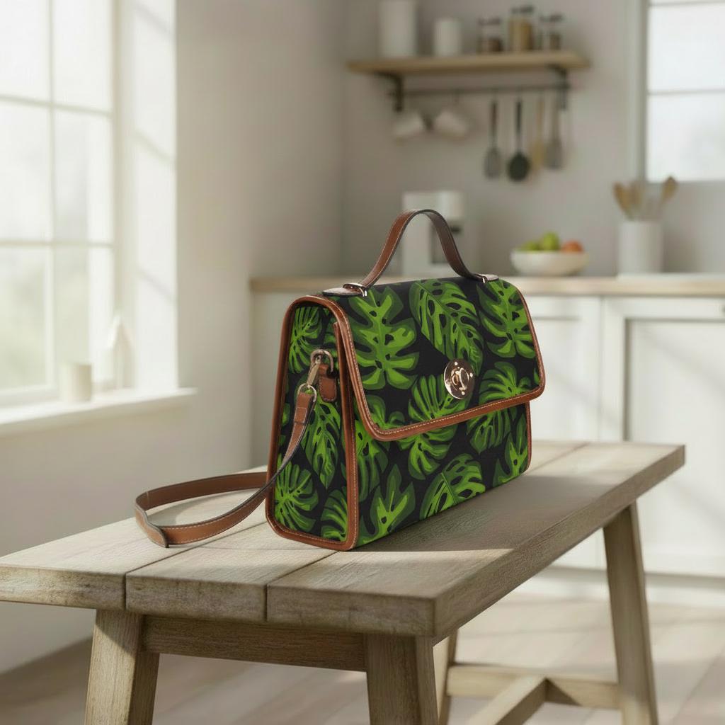 Retro Monstera Botanical Canvas Crossbody Bag – Black Green Vintage Style