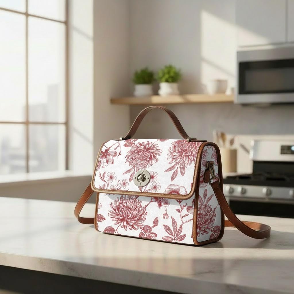 Toile de Jouy Canvas Crossbody Handbag – Vintage White Red Floral Top Handle Bag