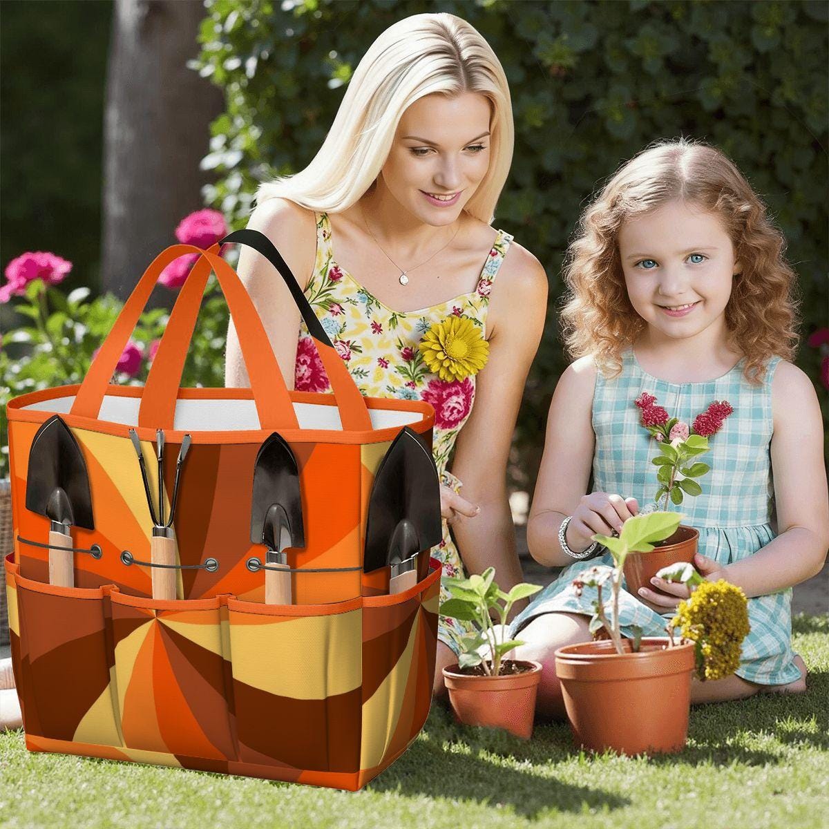 Retro 70s Garden Tool Carry Tote Bag – Durable Gardening Organizer with Pockets