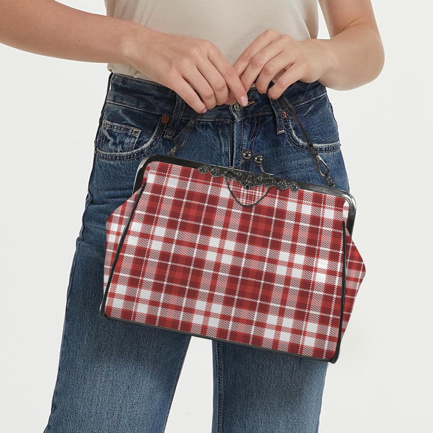 Red White Retro Checkered Kisslock Crossbody Shoulder Bag - 60s Mod Vintage Handbag