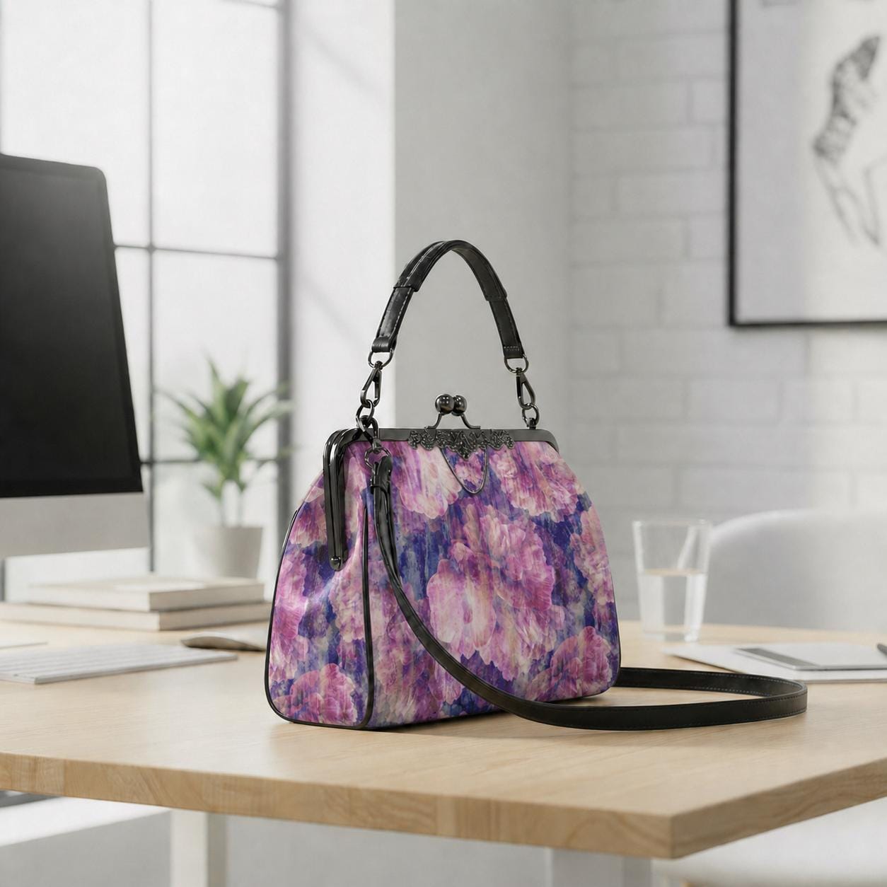 Purple Pink Flowers Kisslock Handbag - Faded Vintage Floral Crossbody Shoulder Bag