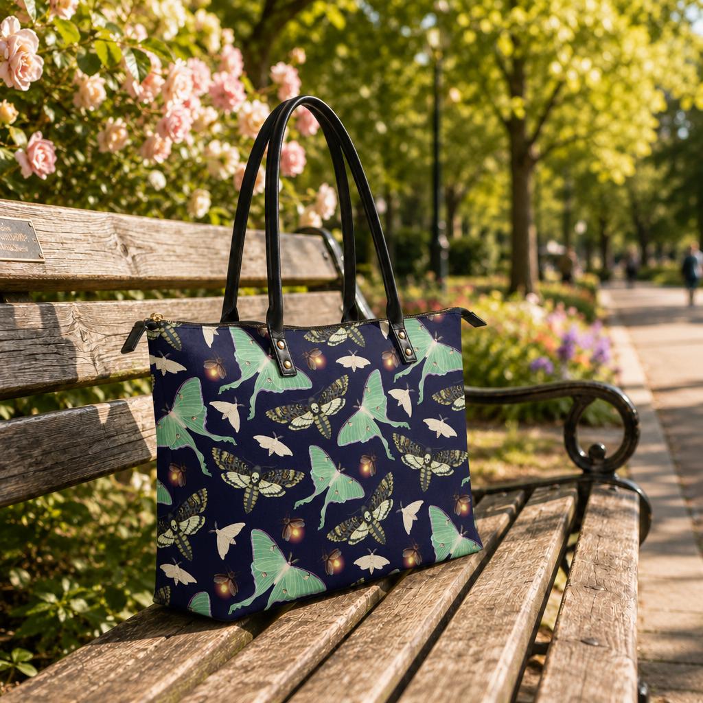 Dark Academia Moths Roomy Tote Bag - Black Green Large Shoulder Handbag Shopper