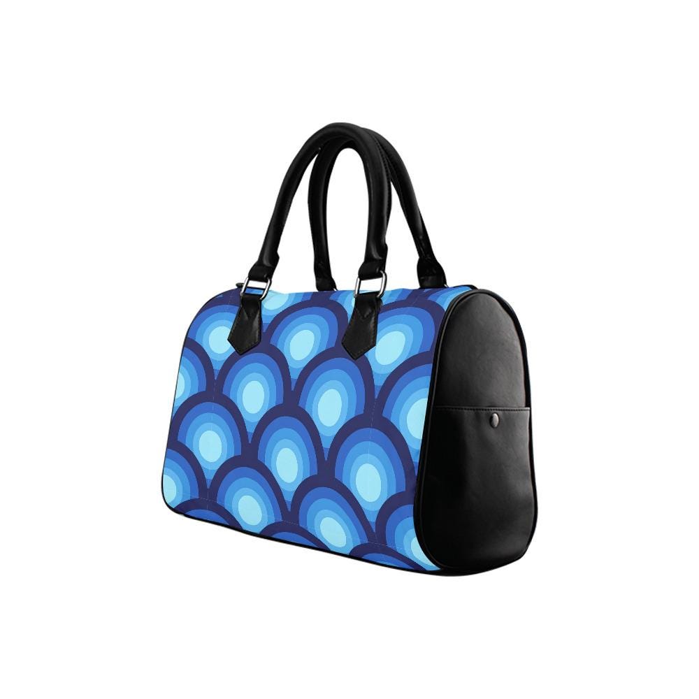 Retro 70s Peacock Eye Print Barrel Handbag – Blue Black Everyday Top Handle Purse