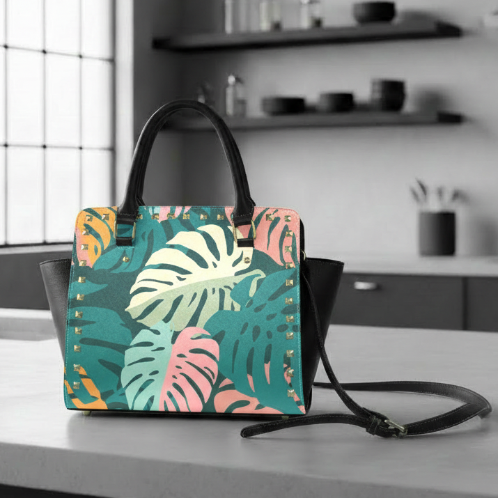 Retro 70s Monstera Rivet Shoulder Bag – Midcentury Print Handbag