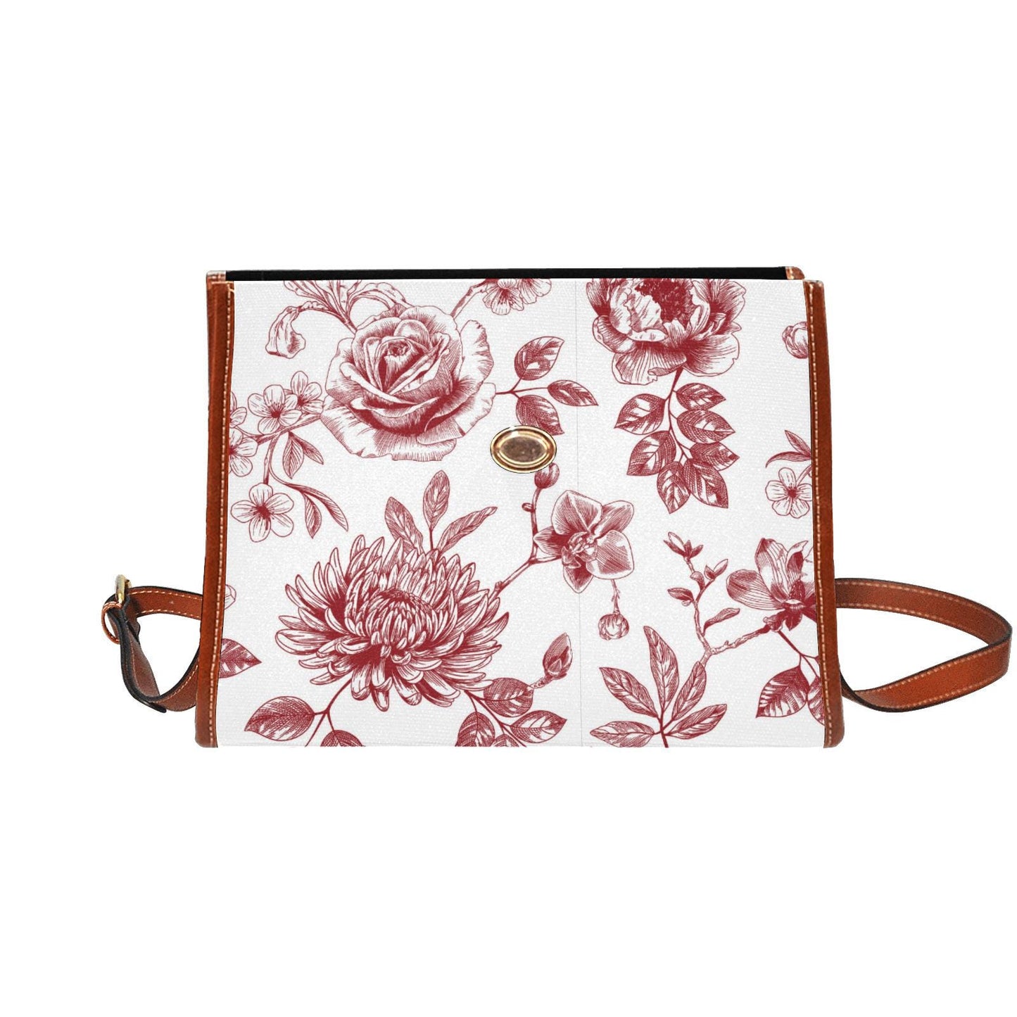 Toile de Jouy Canvas Crossbody Handbag – Vintage White Red Floral Top Handle Bag