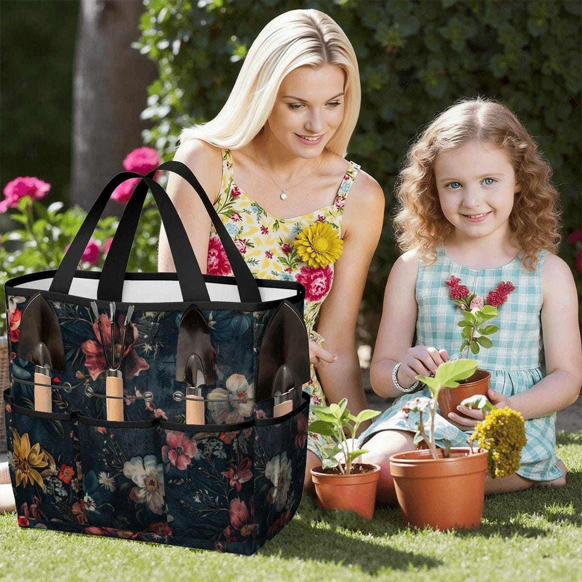 Dark Floral Gardening Tool Organizer Bag – Durable Moody Garden Tote with Pockets