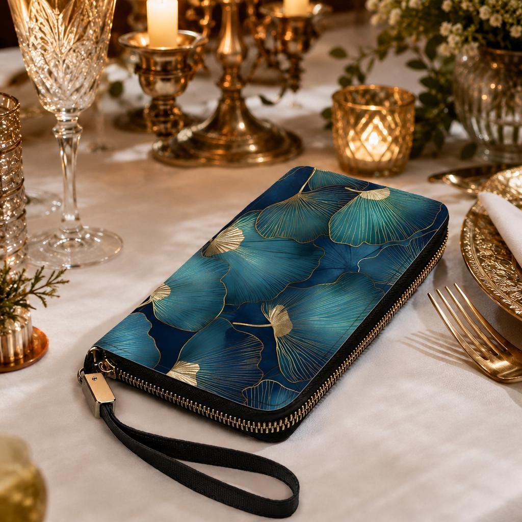Blue Gold Ginkgo Leaves Clutch Wallet – Elegant Botanical Vegan Purse