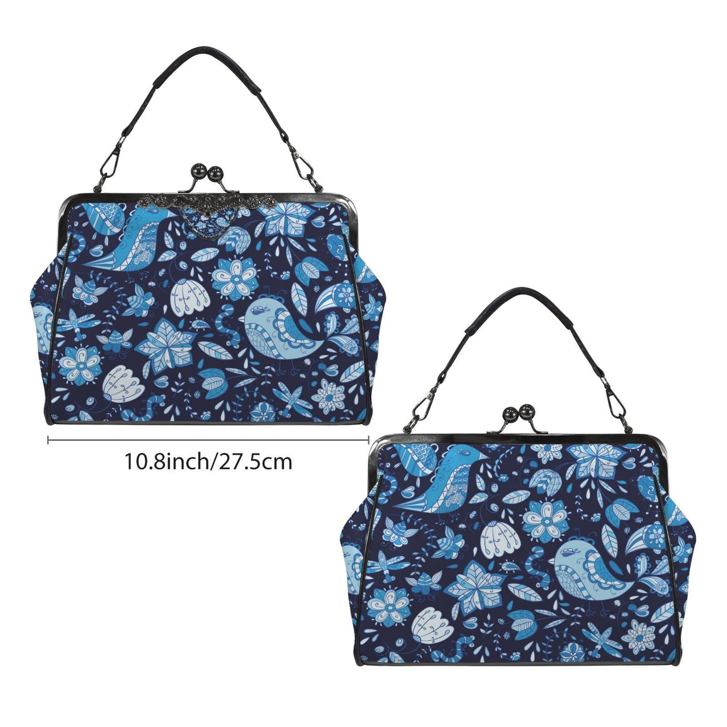 Blue Birds Flowers Folkloric Kisslock Crossbody Bag – Vintage Handbag with Adjustable Strap