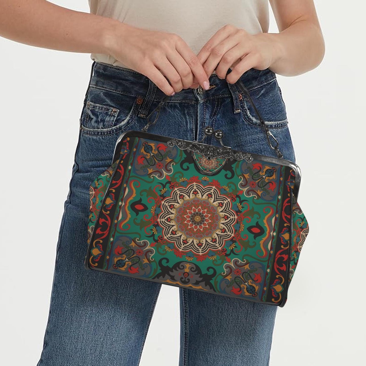 Boho Mandala Kisslock Shoulder Bag – Persian Medallion Crossbody Handbag