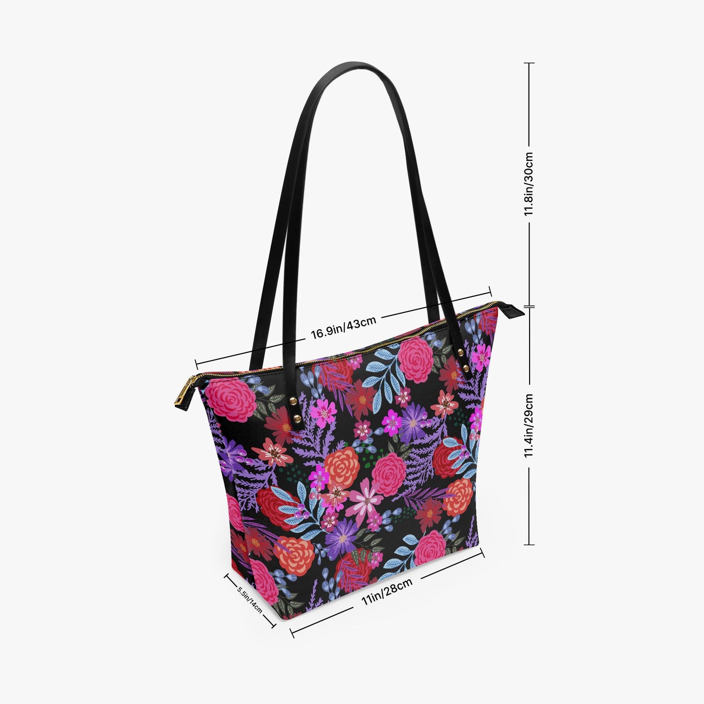 Bold Floral Roomy Tote Bag - Large Shoulder Handbag Black Pink Purple Shopper