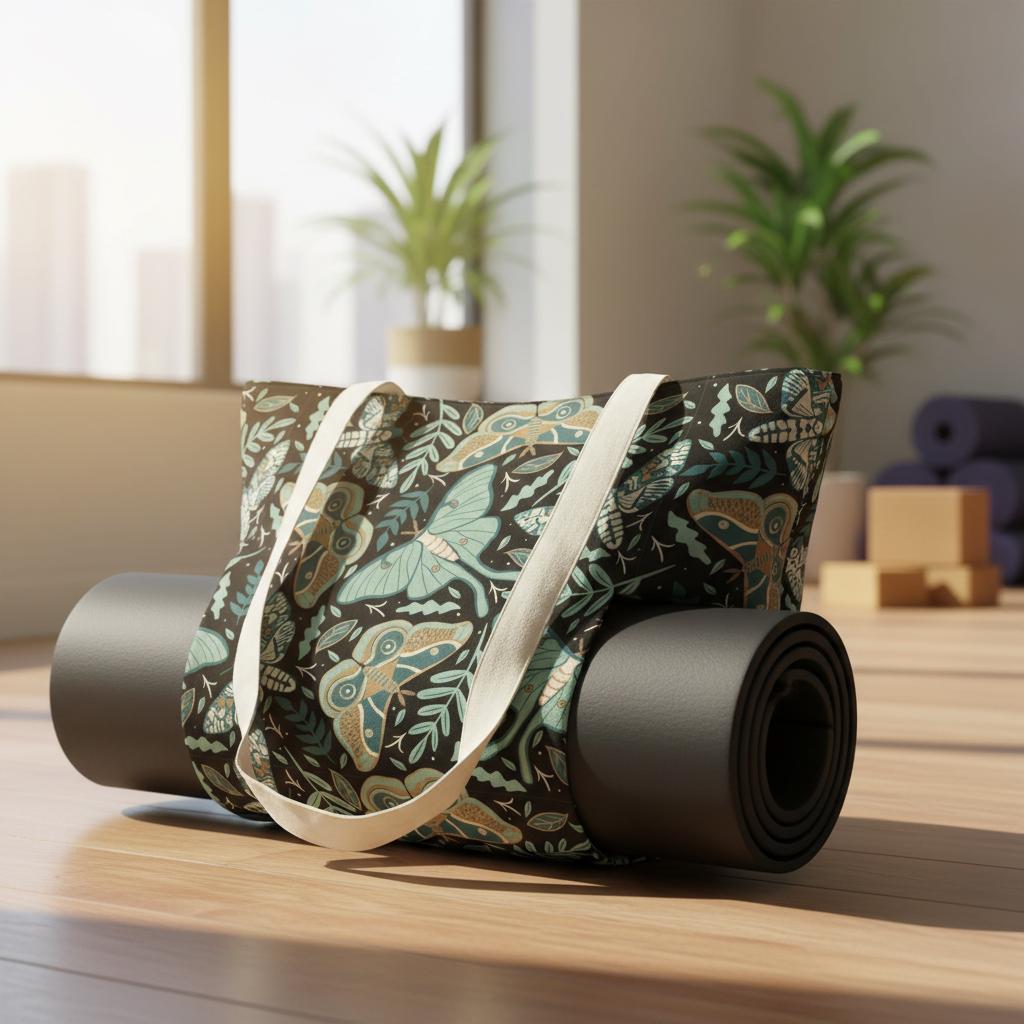 Dark Academia Moths Cotton Yoga Tote – Bag with Built-In Mat Storage