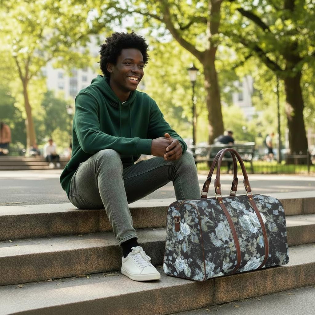 Dark Academia Black Gray Floral Travel Bag – Waterproof Grunge Weekender Duffle