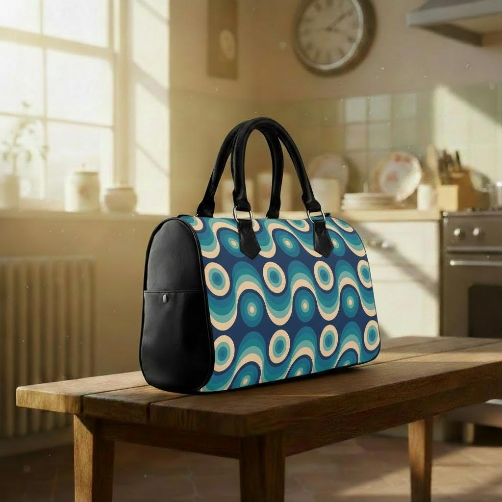 Retro 60s Wave Print Barrel Handbag – Black Blue Midcentury Everyday Purse