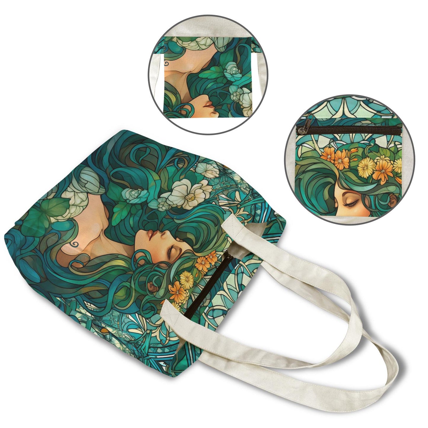 Art Nouveau Yoga Tote Bag with Mat Holder – Large Cotton Linen Fitness Shoulder Tote