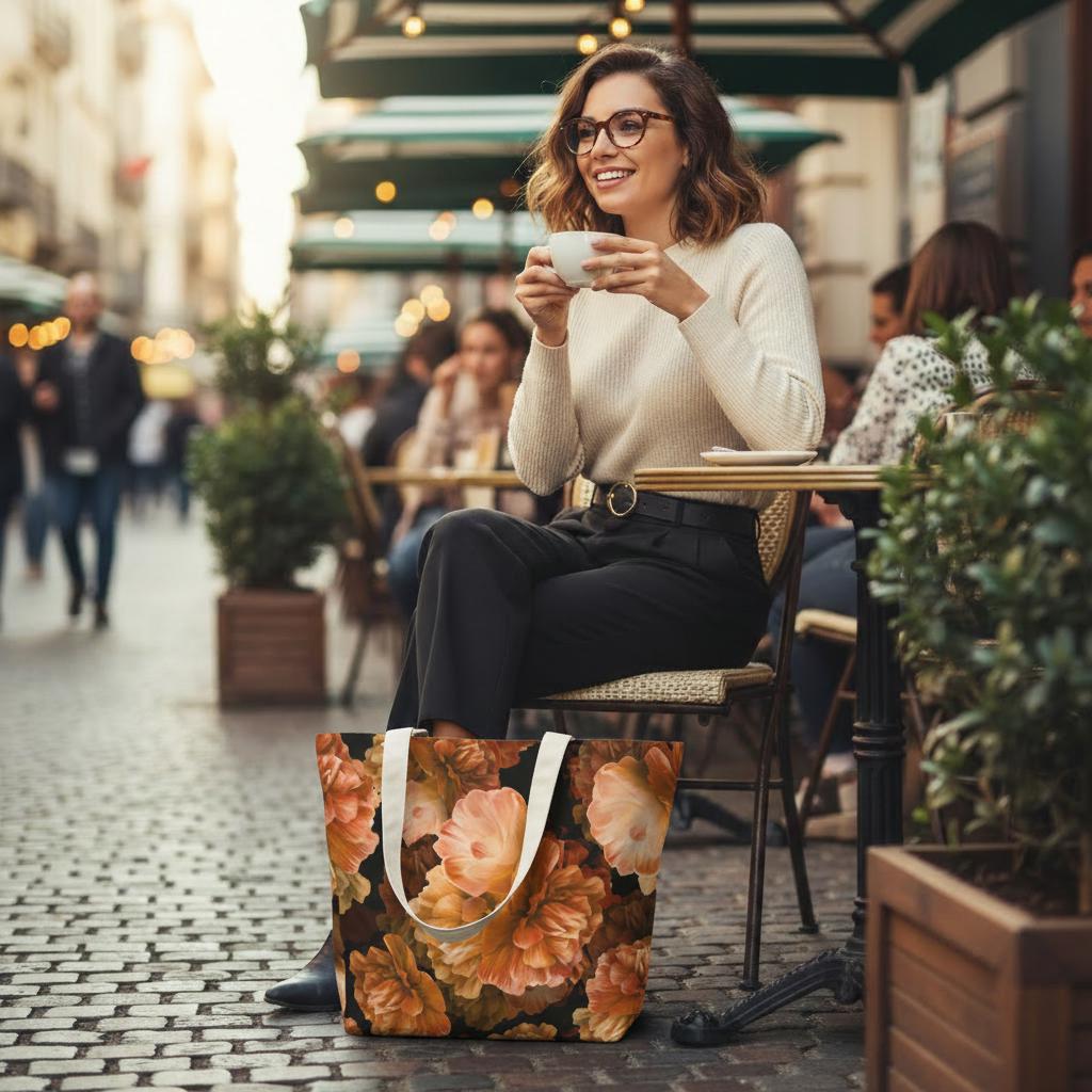 Orange Peonies Yoga Tote Bag with Mat Holder – Large Floral Cotton Linen Tote