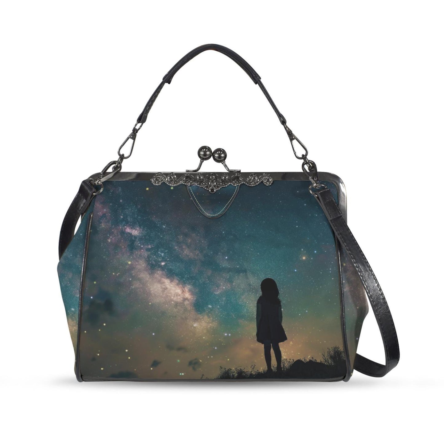 Solitude Girl Vintage Kisslock Crossbody Bag –  Dark Academia Handbag with Adjustable Strap