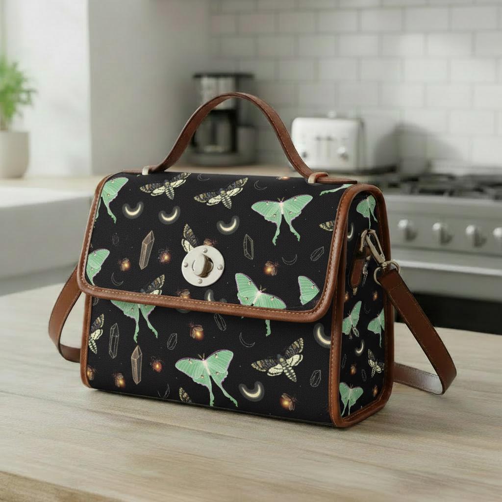 Dark Academia Moths & Moon Stars Canvas Crossbody Bag – Gothic Vintage Handbag