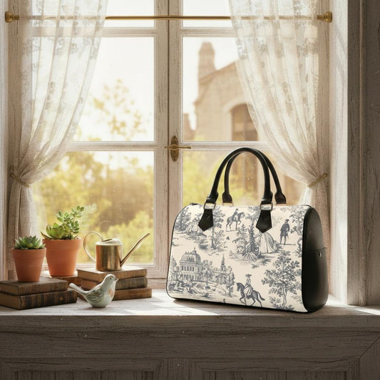Toile de Jouy Black White Barrel Handbag – French Vintage Everyday Purse