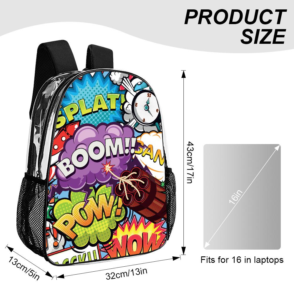Comic Style School Travel Business Daypack - Clear PVC Backpack with Side Pockets