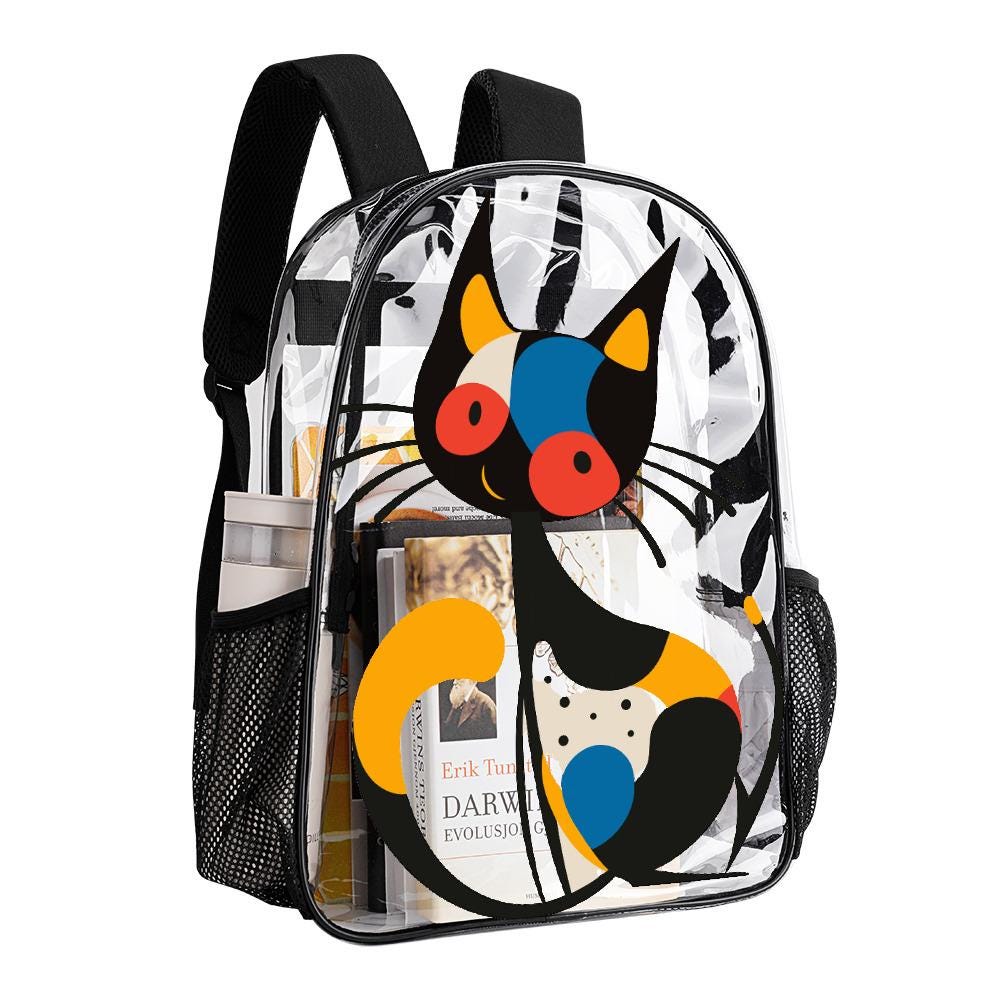 Transparent PVC Backpack with Abstract Cat Print, 17 Inch with Side Pockets