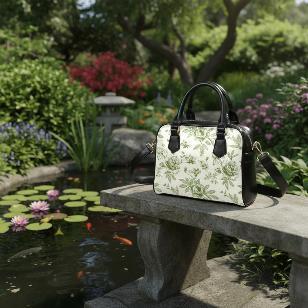 Green White Toile de Jouy Vegan Bag - Floral Crossbody Handbag