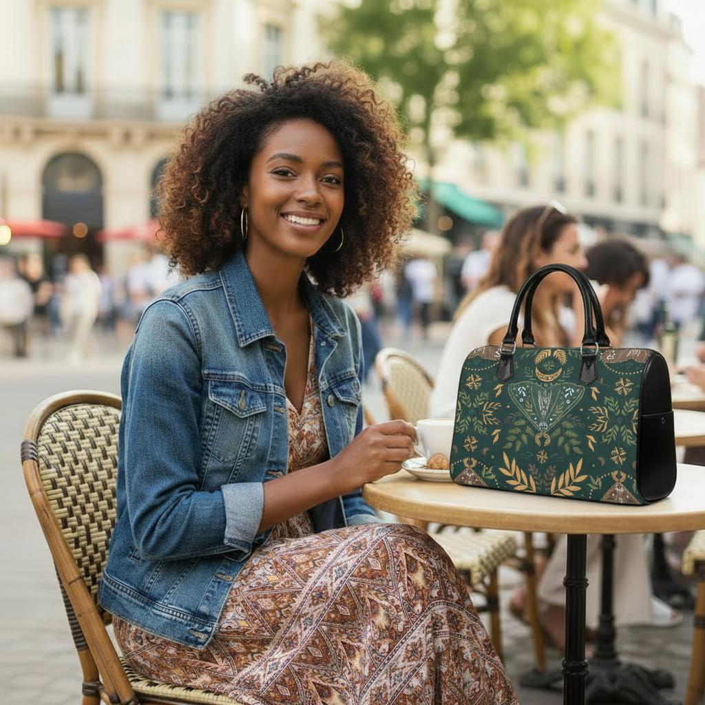 Bolso de mano tipo barril caprichoso de estilo folclórico nórdico – Bolso gótico negro y verde de la academia oscura