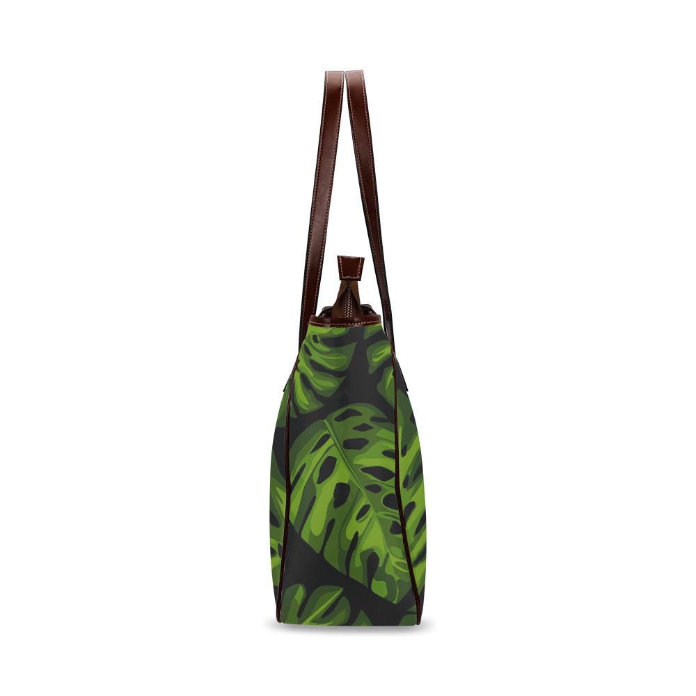 70s Retro Monstera Leaf Tote Bag – Large Dark Academia Zip Handbag