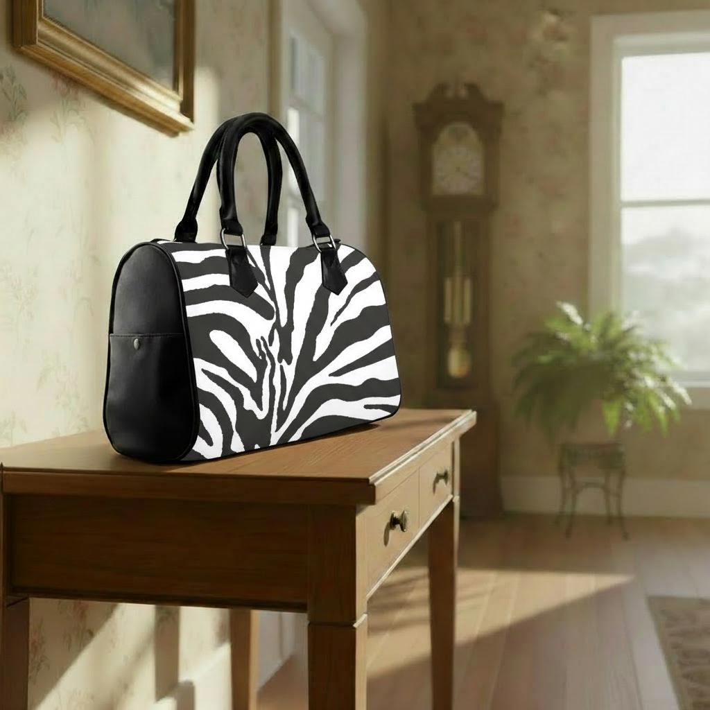 Zebra Print Barrel Handbag – Black White Everyday Purse