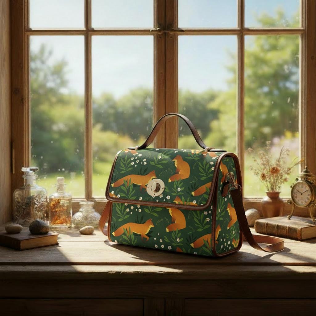 Retro Fox Forest Canvas Crossbody Bag – Green Orange Vintage Style Handbag