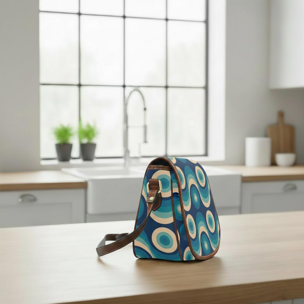 Retro 70s Wave Pattern Saddle Bag - Midcentury Style Crossbody Handbag