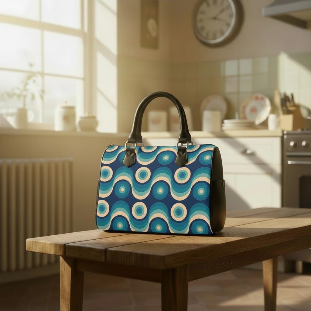 Retro 60s Wave Print Barrel Handbag – Black Blue Midcentury Everyday Purse