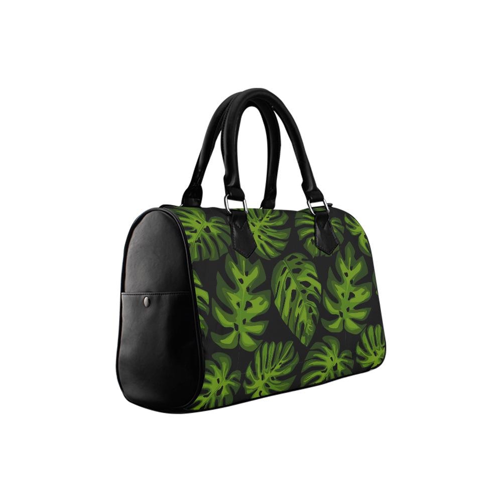 Retro 60s Monstera Print Barrel Handbag – Black Green Botanical Bag