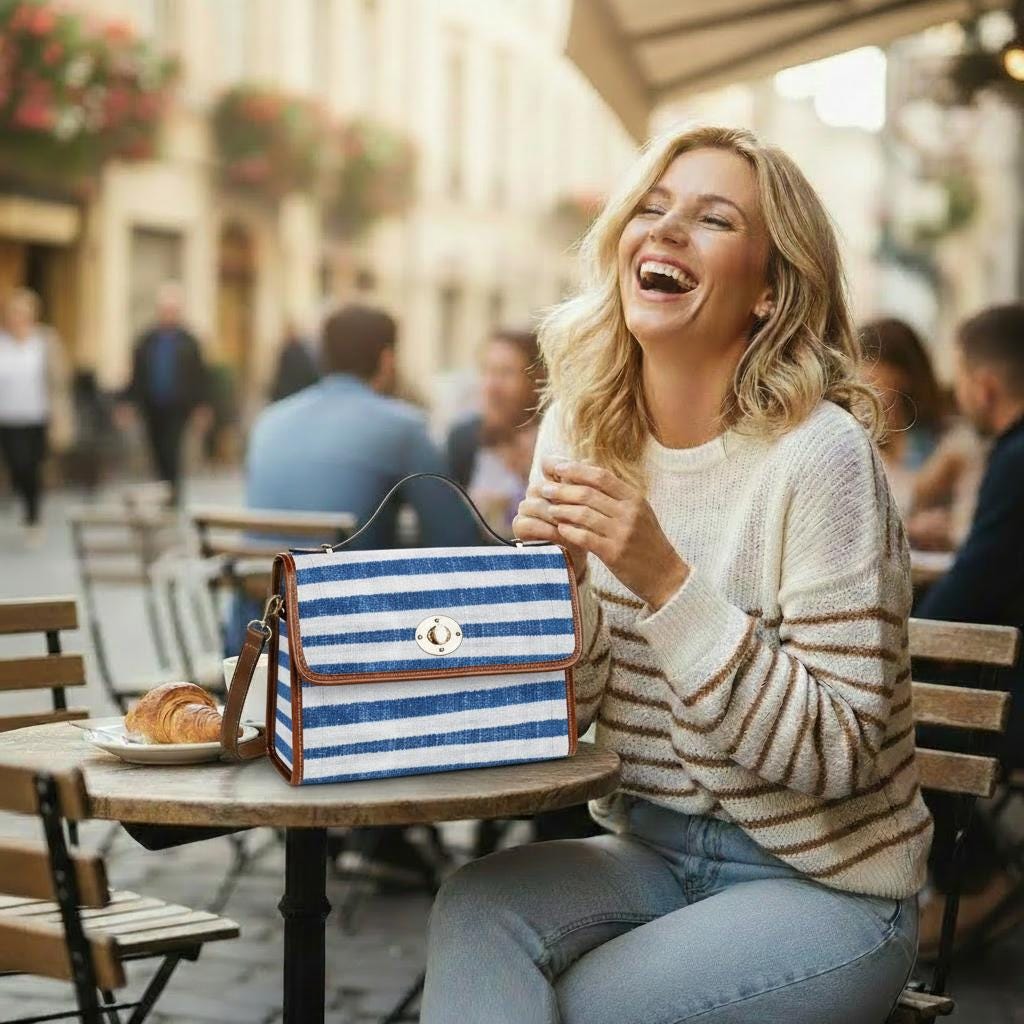 Blue White Nautical Striped Canvas Crossbody Bag – Beach Sailing Top Handle Handbag